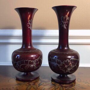 Pair lustre mahogany-tone wood vases with hand painted florals